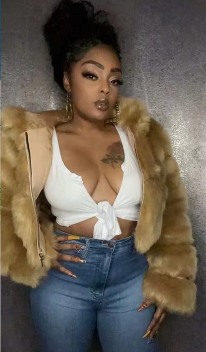 Faux Fox Fur Hooded Short Coat