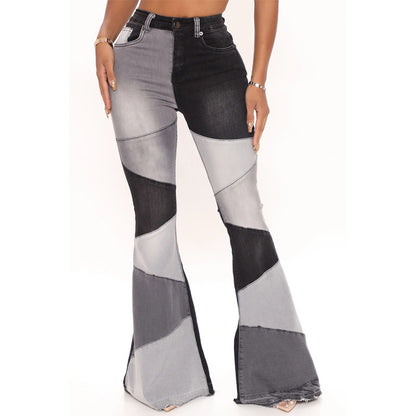 Contrast Color Stitching Wide Leg Denim Jeans