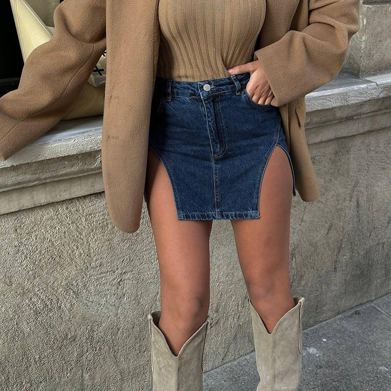 Casual Denim Slit Slim-Fit Skirt