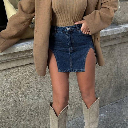 Casual Denim Slit Slim-Fit Skirt