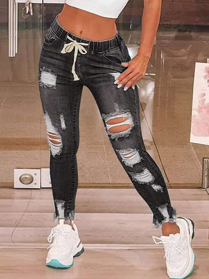 Distressed-Washed High-Waist Denim Jeans Drawstrings Pants