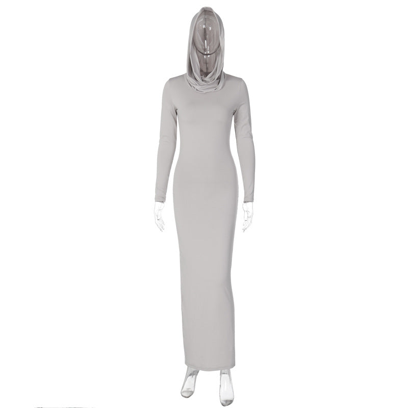 Hooded Dress - Slim-Fit Back-Slit Solid Color (7516658925656)