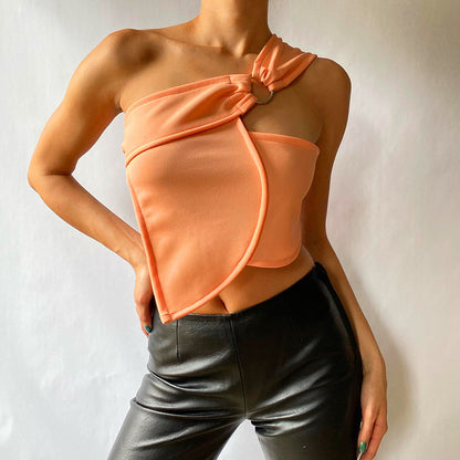 Asymmetric Solid Color Diagonal Sleeveless Lace-Up Top