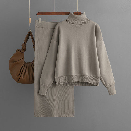 Solid Color Turtleneck Sweater & Sheath Skirt Two-Piece Set (7524297539672)