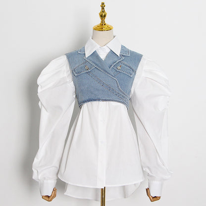 Blouse-Blouse - Solid Color Denim Lace-Up Vest Shirt Blouse (7519157583960)