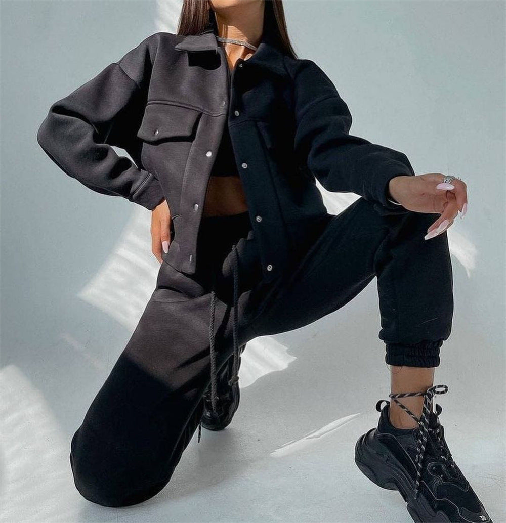 Solid Color Long Sleeves Sweatshirt & Pants Two-Piece Set