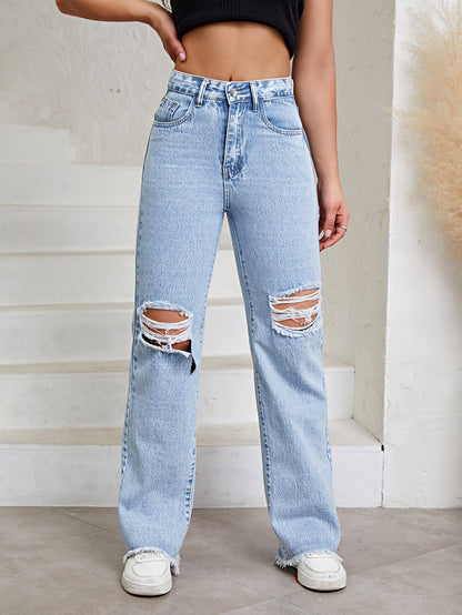 Distressed High-Waist Straight Leg Denim Jeans