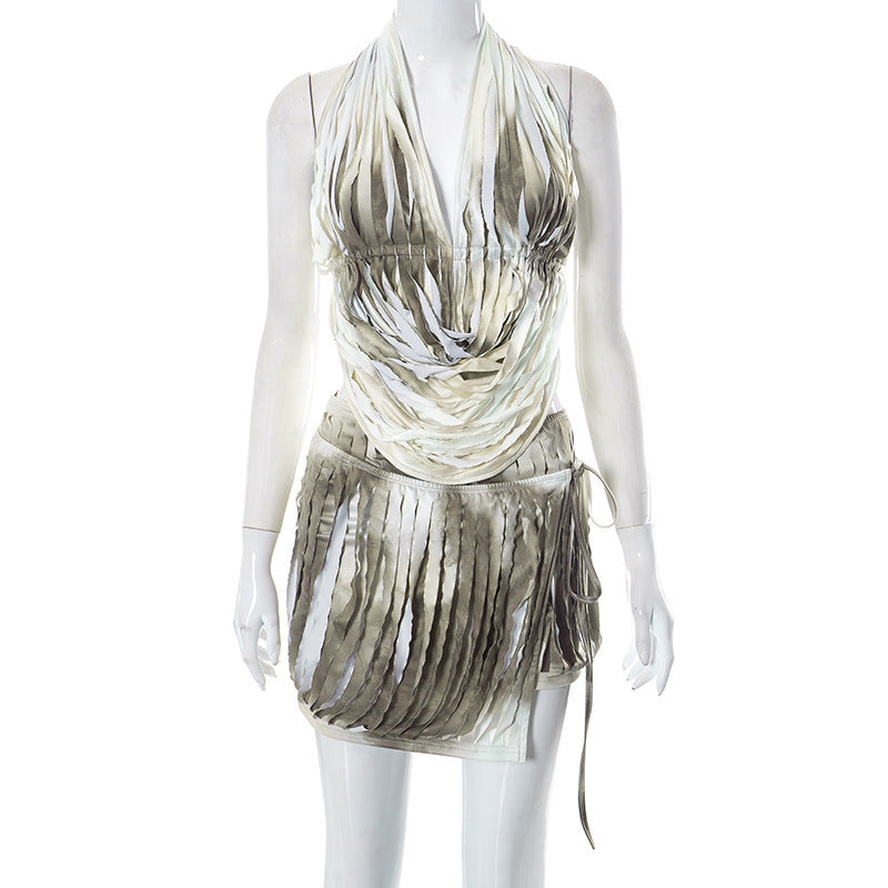 Personalized Burnt & Tie-Dyed Halter Hip Skirt & Top Two-Piece Set (7524277911640)