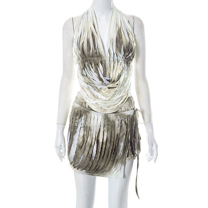 Personalized Burnt & Tie-Dyed Halter Hip Skirt & Top Two-Piece Set (7524277911640)
