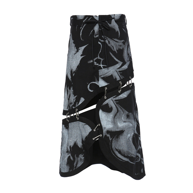 Printed Irregular Asymmetrical Stitching Detachable Skirt