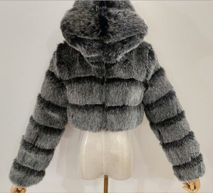 Faux Fox Fur Hooded Short Coat