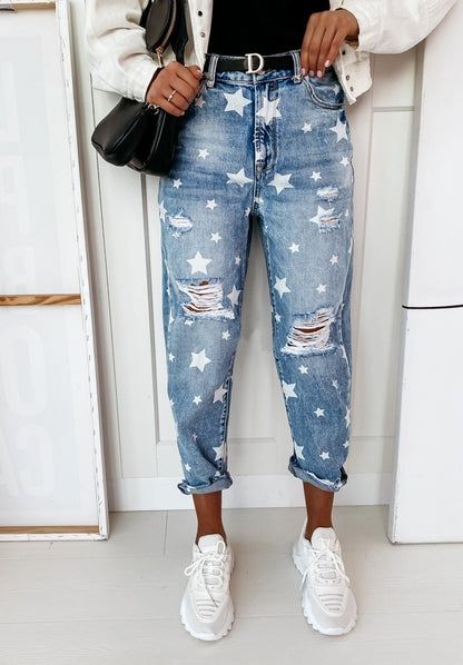 Distressed-Washed Stars Printed Denim Jeans (7524750032984)
