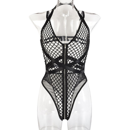 Fishnet - Coarse Mesh Zip-Up Halter Lingerie Set (7517839982680)