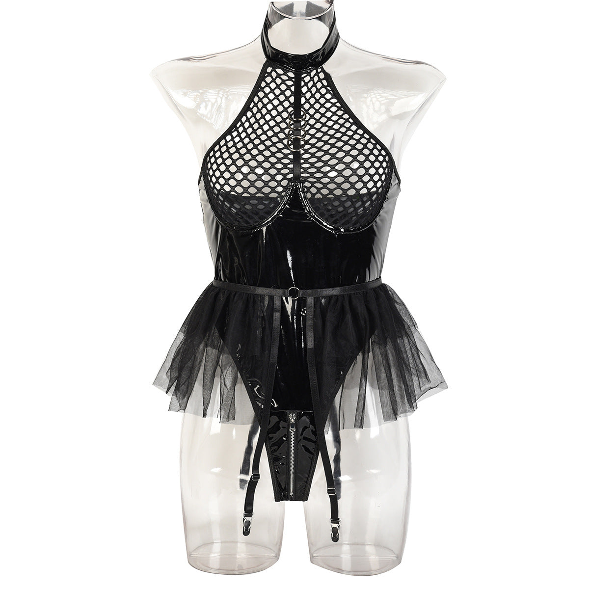 Faux Real - Faux Leather Patent Leather Mesh Halter Detachable TUTU Skirt Garter Set (7517839294552)