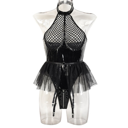 Faux Real - Faux Leather Patent Leather Mesh Halter Detachable TUTU Skirt Garter Set (7517839294552)