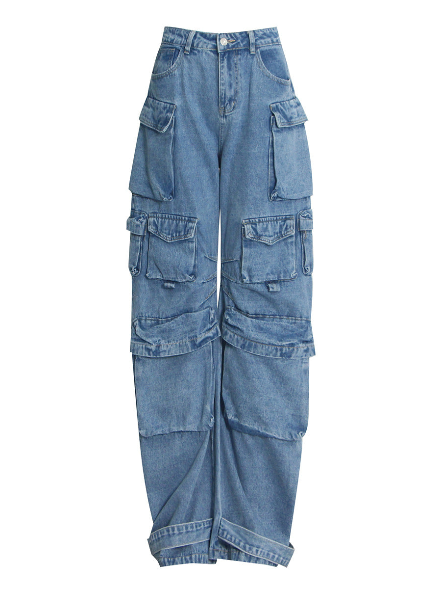Oversized-Pockets High-Waist Wide Leg Denim Jeans