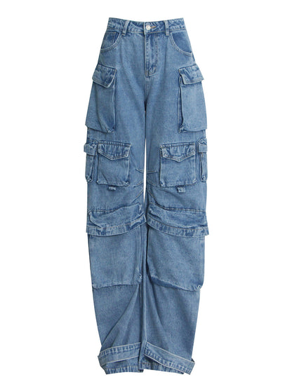Oversized-Pockets High-Waist Wide Leg Denim Jeans