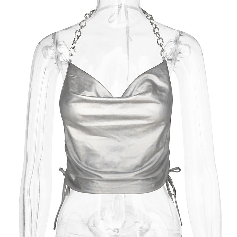 Color Contrast Patchwork Sleeveless Halter Top Slim-Fit Backless Crop-Top