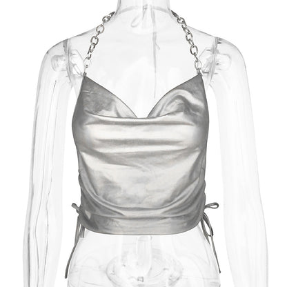Color Contrast Patchwork Sleeveless Halter Top Slim-Fit Backless Crop-Top