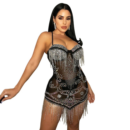 Mesh Rhinestones - Strap Tassel Dress (7516659056728)