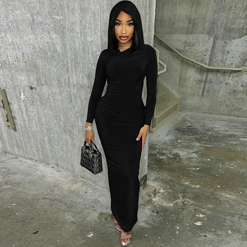 Hooded Dress - Slim-Fit Back-Slit Solid Color (7516658925656)