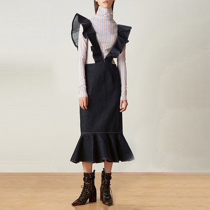 Denim Suspenders! - Fishtail Skirt Ruffles Suspender Back Denim Skirt (7522338537560)