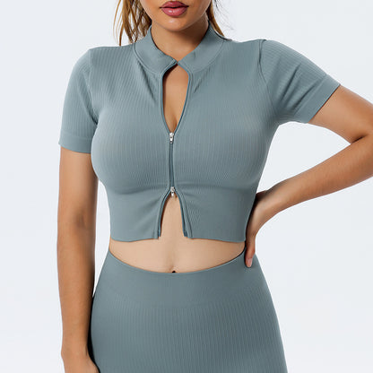 Mid-Zip - Collared Yoga Top Mid-Zipper & Yoga Shorts Set (7520691585112)