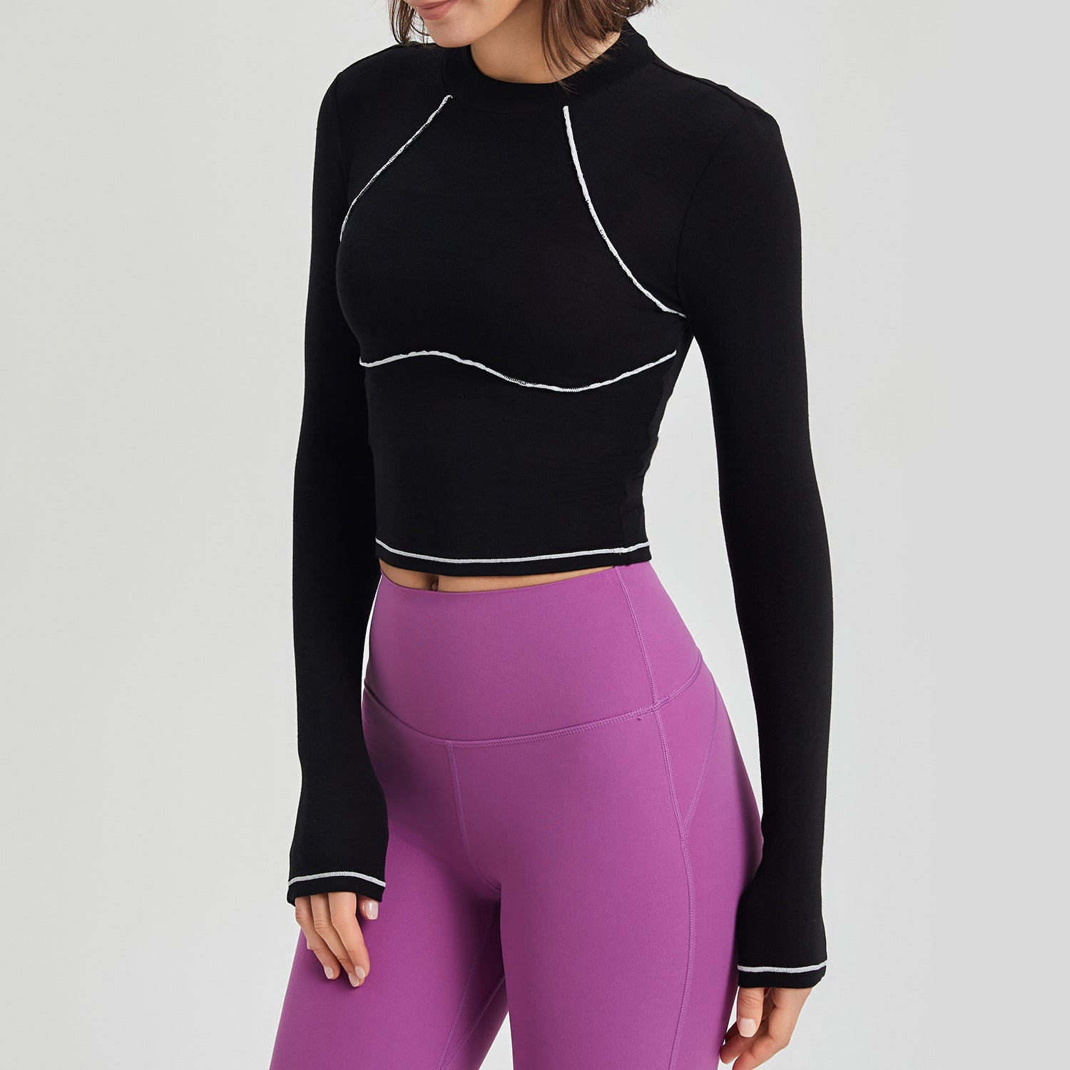 Contrast Color Long Sleeves Mousse-Tight Sports Top (7524754292824)