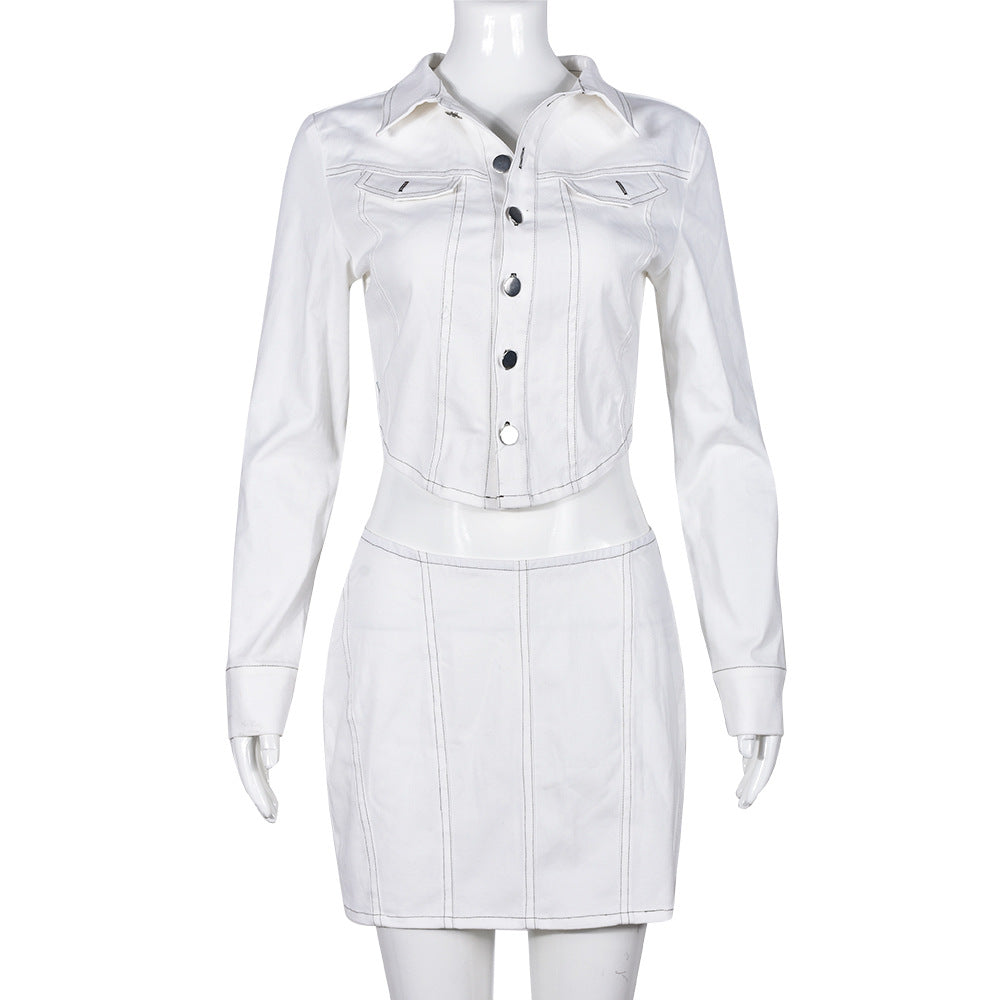 Short Skirt & V Plunge Work Shirt Style Two-Piece Set (7519217156184)