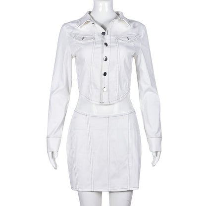 Short Skirt & V Plunge Work Shirt Style Two-Piece Set (7519217156184)