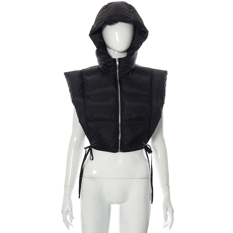 Autumn Winter Solid Color Sleeveless Hooded Zipper Lace up Thermal Fleece Cotton Padded Coat for Women Outerwear (7524987928664)