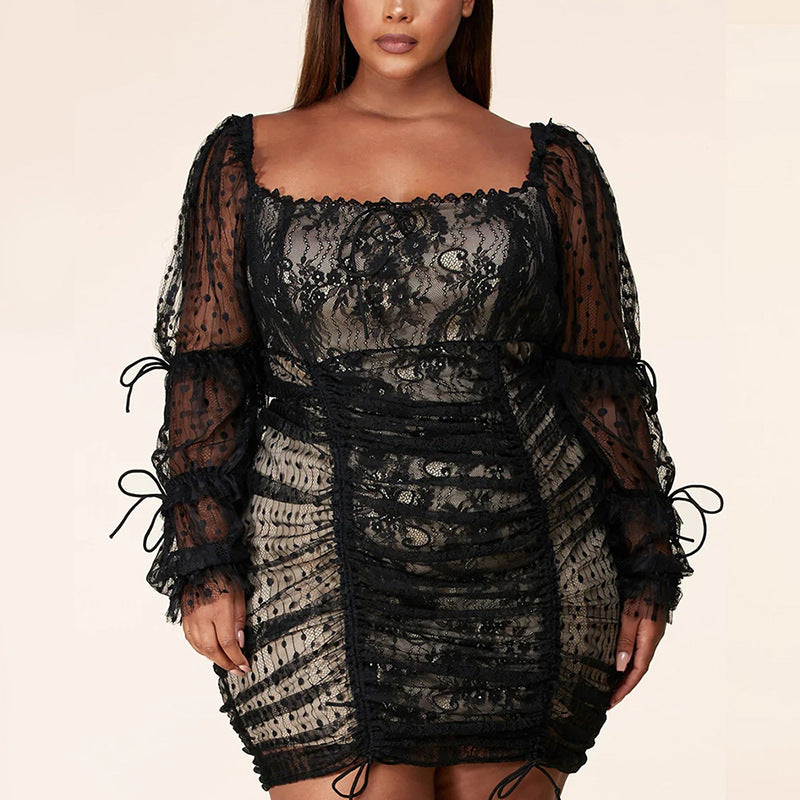 Plus-Size Lace Polka-Dot Dress (7516664201304)
