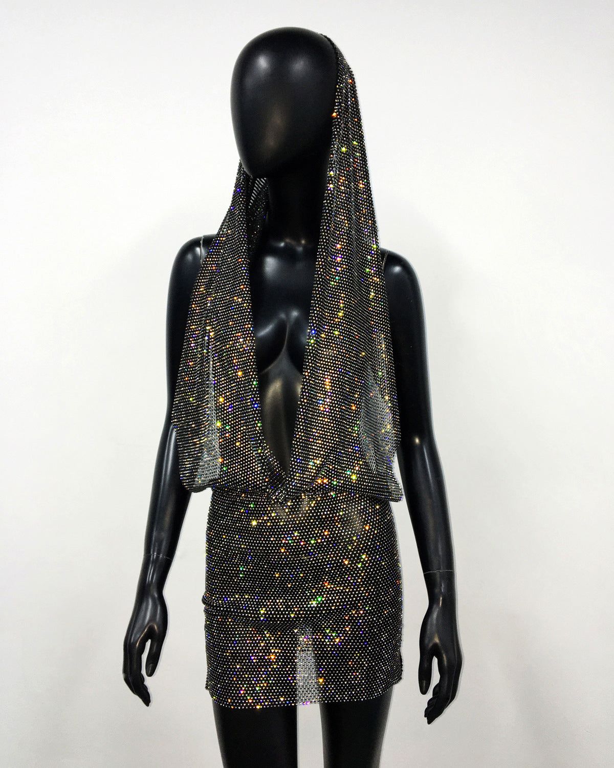 Halter-Hooded Micro Net Dress - Rhinestones (7516660334680)