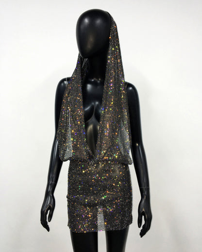 Halter-Hooded Micro Net Dress - Rhinestones (7516660334680)