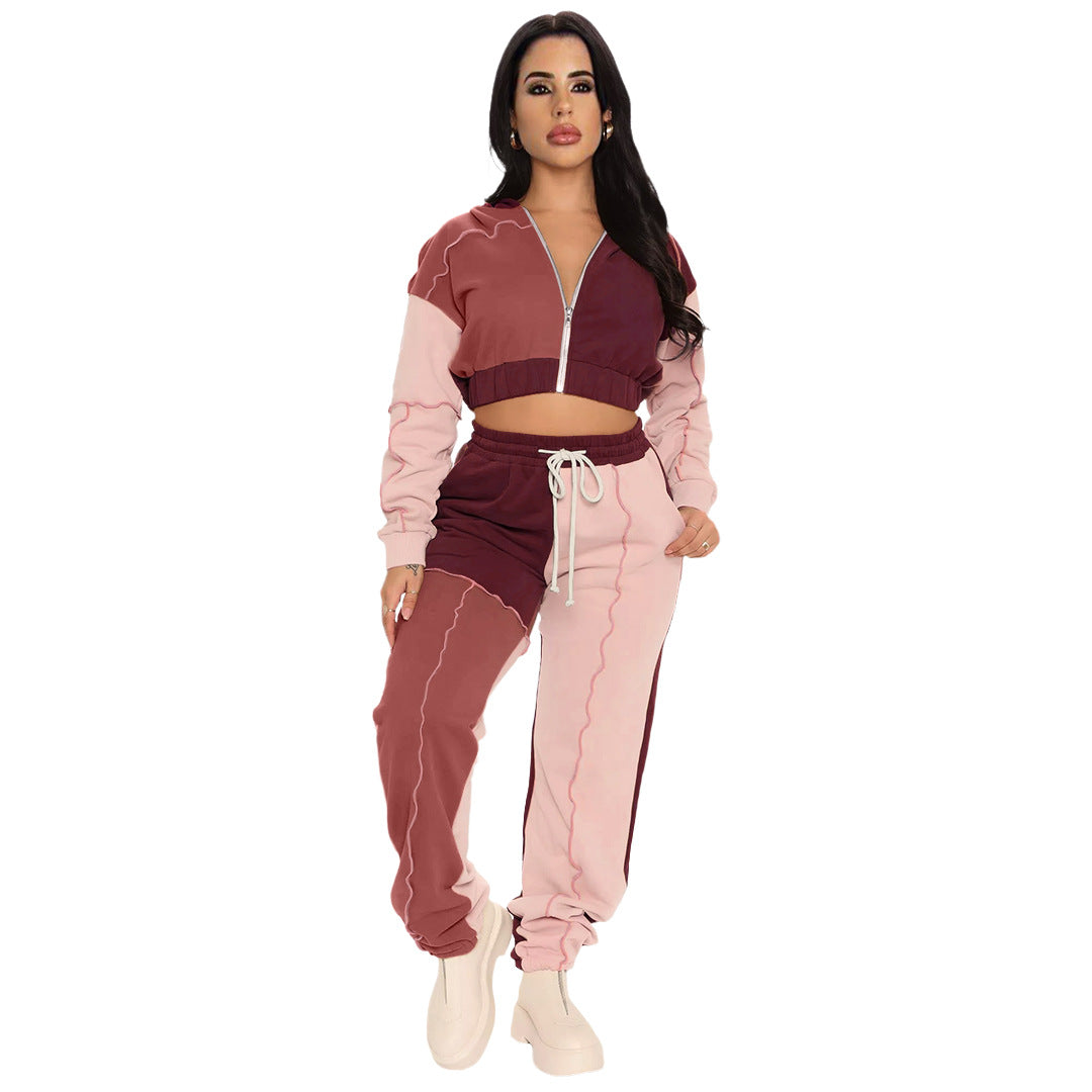 Multi-Fabric Zip-Up Hooded Stitching Sporty Two-Piece Set (7516840460376)