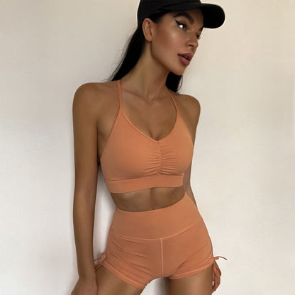 Ruched Set - Asymmetric Ruched Sports Bra High Waist Hip Strings Sports Shorts Set (7516860809304)