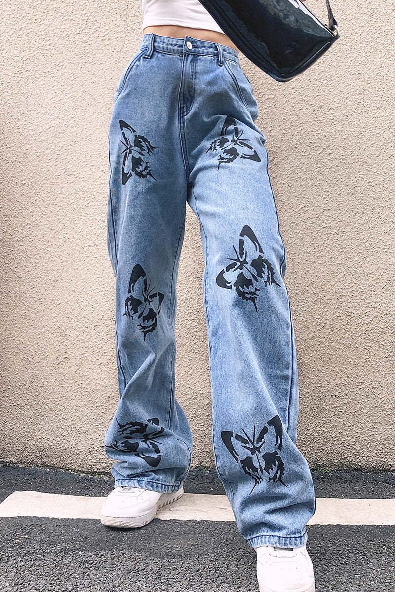Butterfly Print Drapey Straight-Leg Denim Jeans