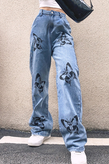 Butterfly Print Drapey Straight-Leg Denim Jeans