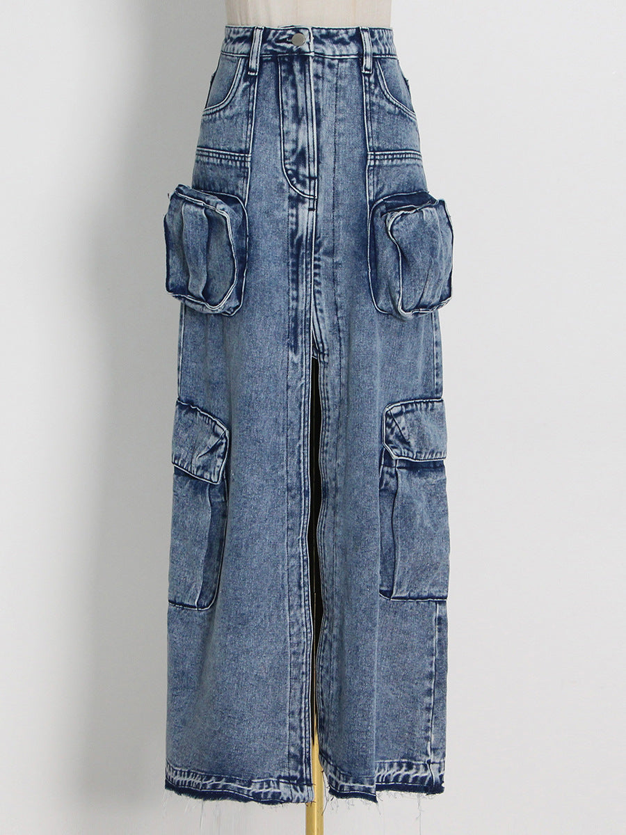 Solid Color High-Waist Front Slit Denim Skirt (7522341978200)