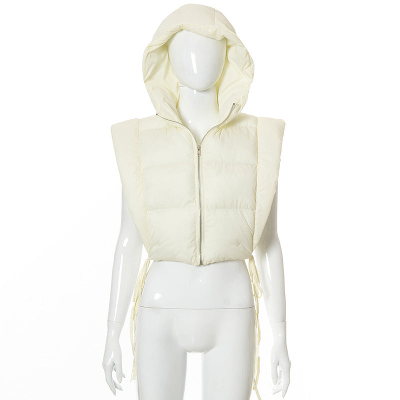 Autumn Winter Solid Color Sleeveless Hooded Zipper Lace up Thermal Fleece Cotton Padded Coat for Women Outerwear (7524987928664)