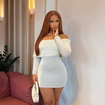Off-Shoulder Plush - Solid Color Long Sleeves Short Dress (7516659875928)