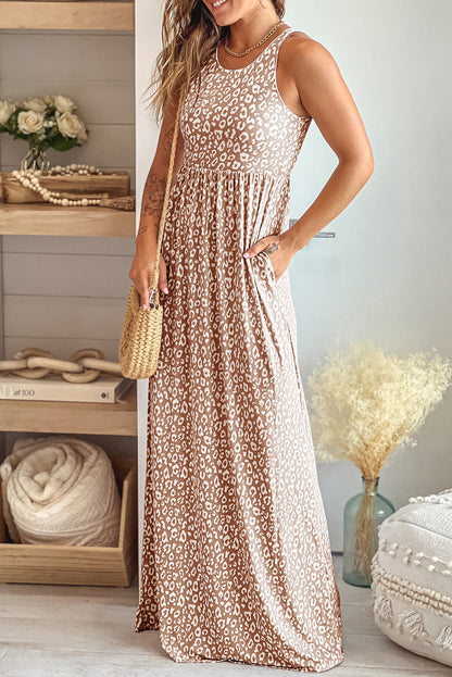 Leopard Round-Neck Sleeveless Maxi Dress