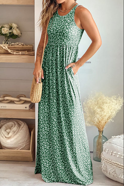 Leopard Round-Neck Sleeveless Maxi Dress