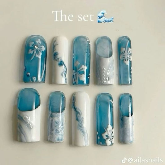 Blue Sea Flowers Nails