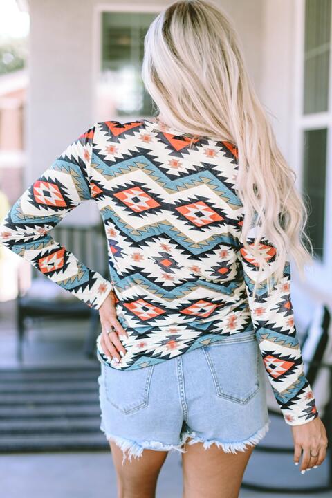 Printed Notched Neck Long Sleeves Top (7501316948056)