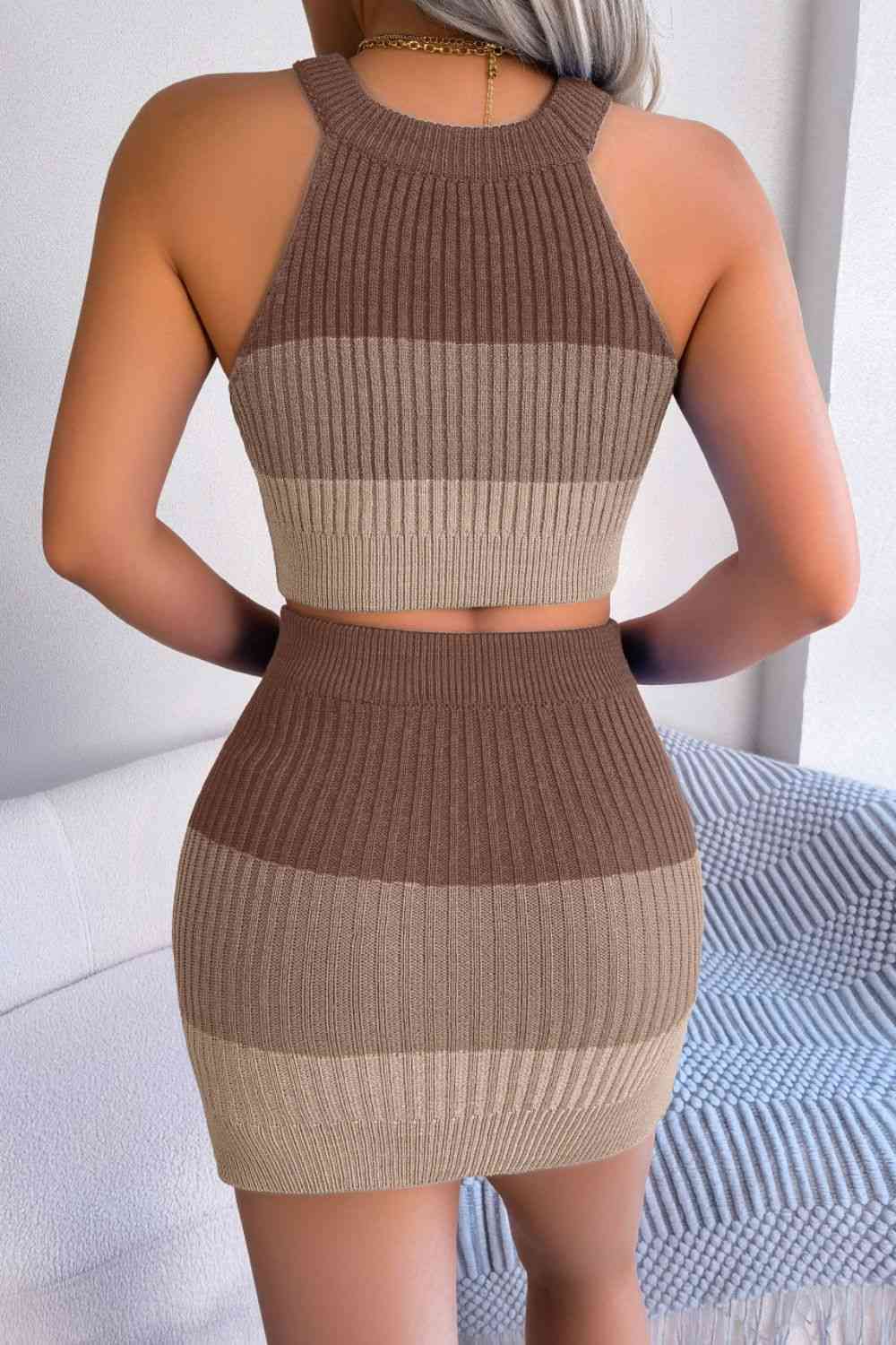 Colors & Stripes - Color Block Sleeveless Crop Knit Top and Skirt Set (7501467648088)