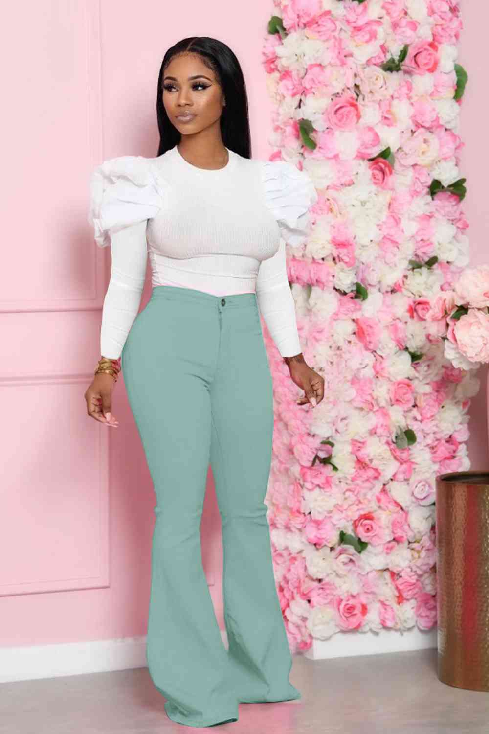 Leg-Of-Mutton - Sleeve Top and Flare Pants Set (7484247179352)