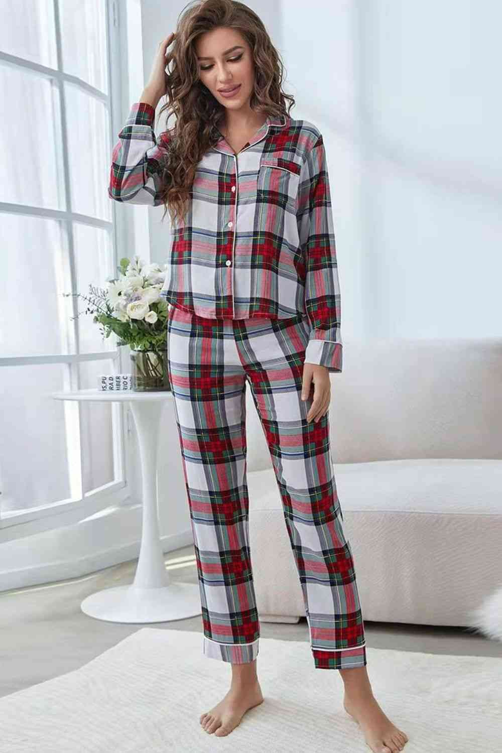 Button-Front Top & Pants Lounge Set - Plaid (7501479575640)