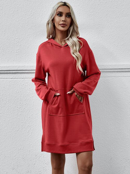 Long Long Sleeves - Slit Hooded Dress With Pocket (7505547559000)