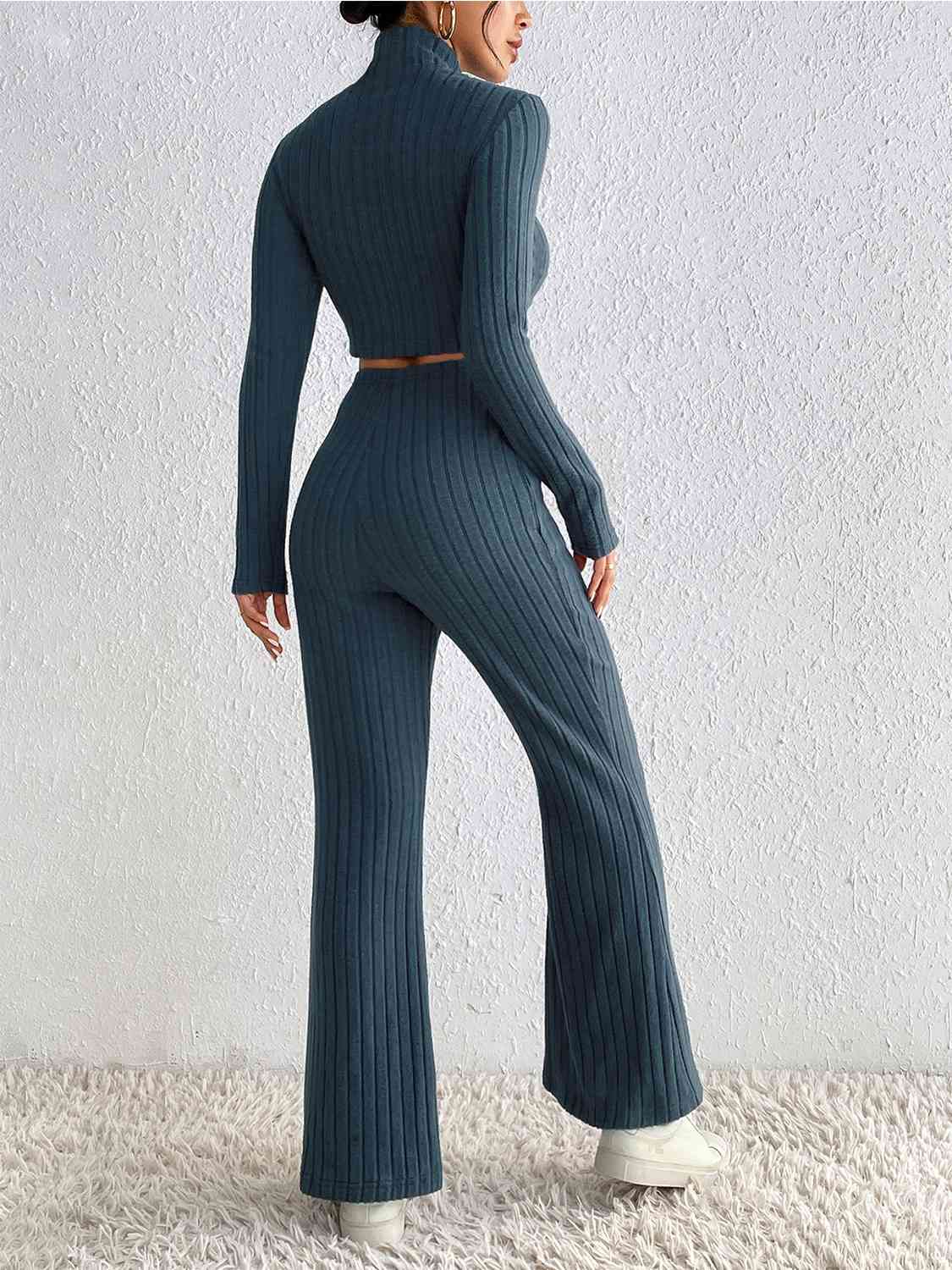 Mock Neck Cropped Sweater & High-Waist Pants - Set (7484223488088)